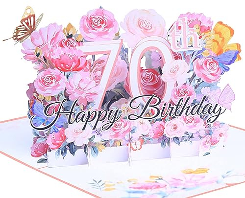 Geburtstagskarte zum 70. 3d blume pop up geburtstag karte Grußkarten Geschenk-Karte mit Umschlag Happy Birthday Greeting Card für siebzig 70 jahre frau, Mütter, Freunden, Familie women wife (Rosa)