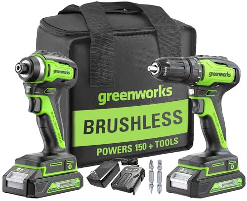 Greenworks - 24V brushless cordless drill and impact driver, power tool combo kit included 1/2 drill and hex impact driver