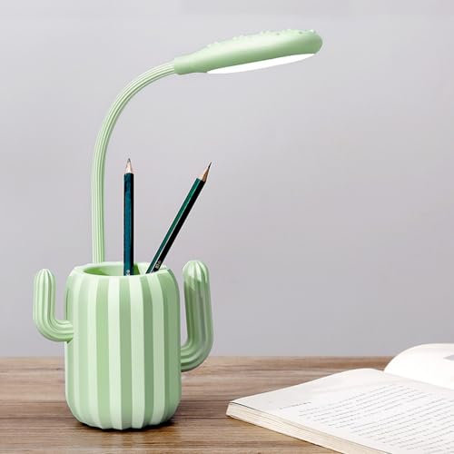 Lampada da scrivania ricaricabile a LED, a forma di cactus, con portapenne, per bambini, con controllo touch, lampada da lettura (luce bianca) verde