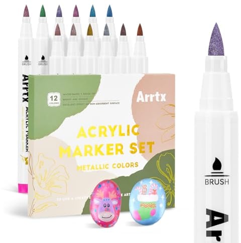 Arrtx 12 Colors Metallic Acrylic Paint Pens for Rock Painting, Extra Fine Tip Metallic Brush Marker for Rock Painting, Ceramic, Glass, Canvas, Mug, Wood, Easter Egg, Waterproof Paint DIY Crafts Making
