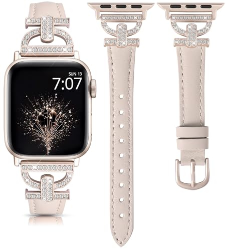 TOYOUTHS Lederarmband kompatibel mit Apple Watch Armband 41/40/38/42mm Damen Elegant Schlank Armbänder mit D-förmige Schnalle Glitzer Armband für iWatch 10 9 8 7 SE 6 5 4 3, Polarstern/Polarstern