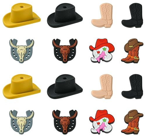 UR URLIFEHALL Lot de 16 perles en silicone 8 styles pour chapeau de cowboy occidental bottes en forme de bétail pour bijoux et accessoires de cheveux