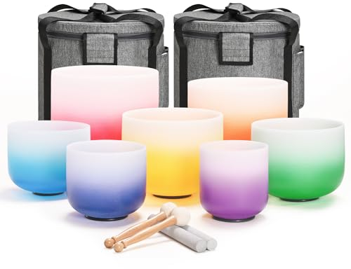 CVNC 432HZ 6-12 Inch Set of 7 PCS Aria Gradient Design Frosted Quartz Crystal Singing Bowls with 2 PCS Carry Case Bag for Sound Healing and Therapy Meditation