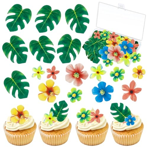 83 Stück Esspapier Tortendeko,enthält 35 Stück Essbare Blumen und 48 Stück Essbare Blätter als für Cupcake Topper,Tortendeko Essbar,Dschungel Geburtstag Dekoration für Hawaii