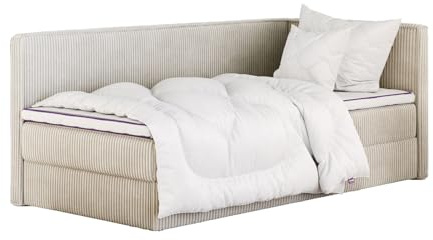 mybed. Boxspringbett Einzelbett Mitto Conti Twin Rechte Seite Polsterbett mit Bettkasten Creme 90x200 Bonnell-Matratze H3 und Topper Jugendbett Kinderbett