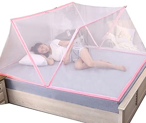 Sommer-Moskitonetz, zusammenklappbares Bett, Zelt, Baldachin, Vorhänge, Raumdekoration, tragbares Reisebettnetz für Doppelbett, Einzelbett, Queen-Size-Bett, Rosa, 180 x 200 x 80 cm