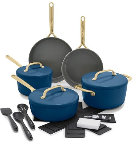 GreenPan GP5 14 Piece Cookware Pots and Pans Set, Hard Anodized Healthy Ceramic Nonstick PFAS-Free, Champagne Handles, Heavy Gauge, Stay-Flat Surface, Induction, Dishwasher and Oven Safe, Blue