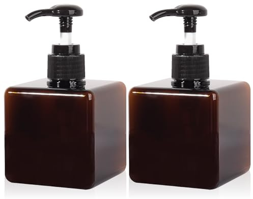 Plastic Pump Bottle Refillable Lotion Soap Dispenser 8.5oz Amber 2 Pack | Sturdy, BPA-Free, Leak Proof, Empty Liquid Container for Dish Hand Soap, Body Wash, Shampoo, Kitchen Bathroom Decor