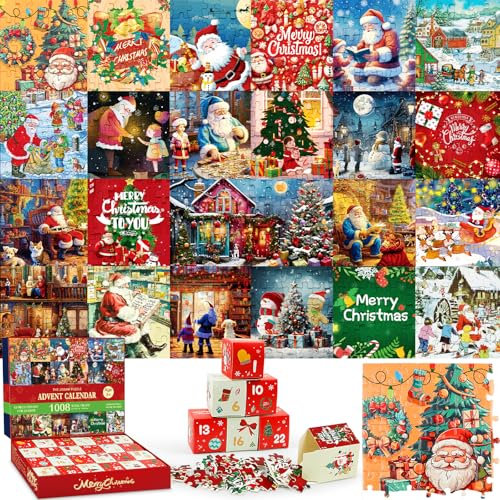 Puzzle Adventskalender 2024, 1008 Teile Weihnachts Countdown Kalender Familienurlaub Puzzles, 24 Boxen Weihnachtspuzzle für Countdown bis Weihnachten für Erwachsene