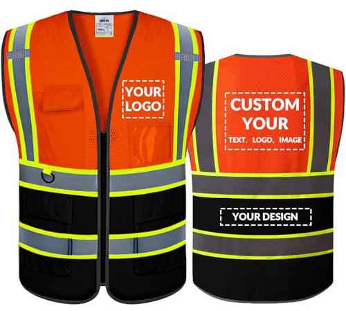 Shmimy Personalisierte Sicherheitsweste Warnweste mit Text oder Logo und 5 Mehreren Taschen Hohe Reflektivität Warnschutz Arbeitsweste Sicherheitsweste (Orange Schwarz-XL)