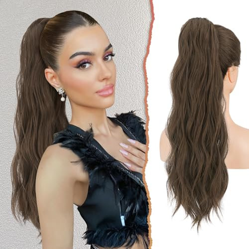 Sofeiyan Pferdeschwanz Haarteil mit Kordelzug, 56 cm Lang Gewellt Zopf Pferdeschwanz Haarverlängerung Synthetik Natürliches Kordelzug Pferdeschwanz Verlängerung für Frauen, Mittelbraun Gemischt