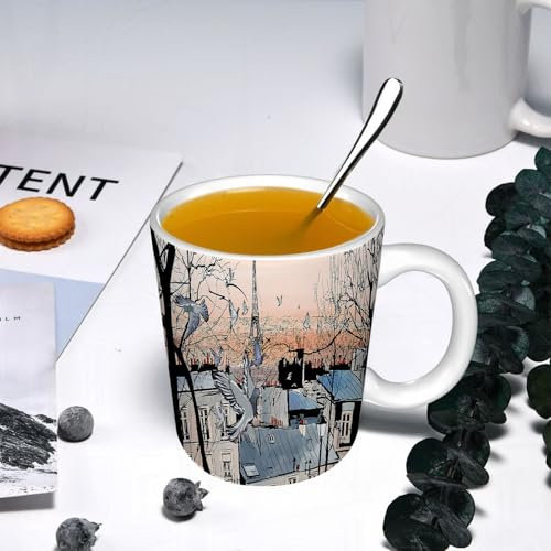 YOIUE Tasse aus Keramik - Große 11oz Tassen 330ml Kaffeetassen mit Henkel, 100% Handbemalt - Trinkgläser mit Griff - Weiß, Montmartre in Paris mit Eiffelturm -