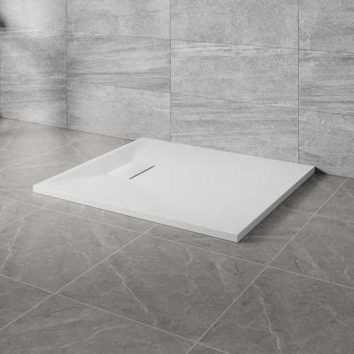 NRG 900x800mm SMC Rectangle Shower Tray White Bathroom Shower Base | Anti Slip, Shower Base Tray, Wet Room, Shower Enclosure Tray, Wetroom Shower Cubicle Base, Slate Effect, Easy to Clean