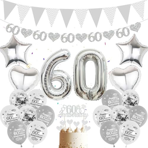 60. Jahrestag Diamantene Hochzeit Deko - 50 Stück Hochzeitstag Girlande mit 60 Jubiläum Folienballon Silber, fünfzackiger Stern Liebe Ballons, Cake Toppers für 60th Anniversary Party Decorations