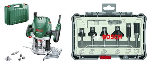 Bosch Router POF 1400 ACE (1400 watts, in case) + 6 pcs. Trim & Edging Router Bit Set (for Wood, Ø 6 mm Shank, Accessory Router)
