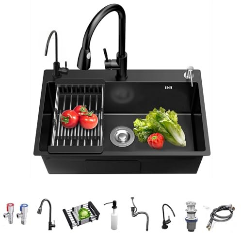 Fregadero Cocina Negro 75 x 45cm, Fregadero Cocina en Acero Inoxidable, Fregadero Bajo o Sobre Encimera Con grifo extraíble/dispensador de jabón/escurreplatos/grifo de agua purificada (Negro, 75x45cm)