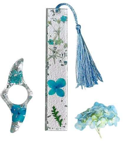 Getrocknete Blumen Harz Lesezeichen, Lesezeichen Aus Getrocknetem Blumenharz, Daumen-Buchseitenhalter und Lesezeichen-Set, Buch Zubehör Geschenk für Leseliebhaber Studenten Lehrer, Blau