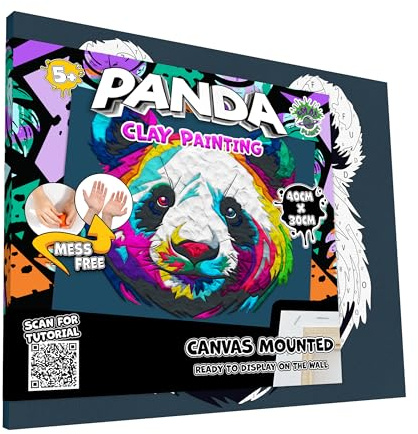 Mess-Free Panda Clay Malerei-Kit, Lufttrocknende Ton Modellier-Kit, Sensorisches 3D-Leinwand Spaß Kunst- und Bastel-Kit für Kinder, Vorgerahmte 40x30cm mit Werkzeugen & Ideenführer – Spaß, Praktisches