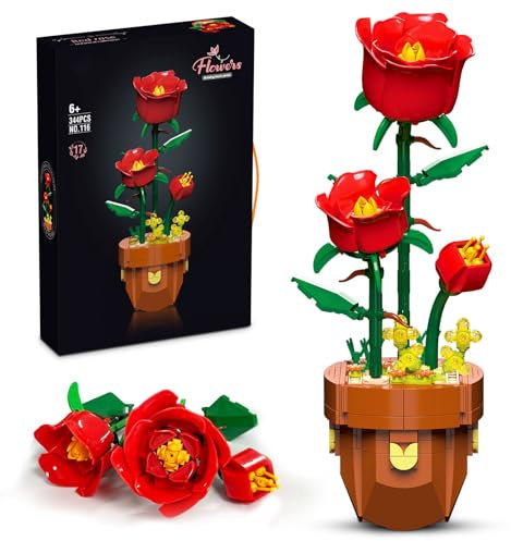 Miyacare Botanische Rote Rose, 344 PCS Blumen Bausteine, Kreatives Bauset für Erwachsene, Pflegeleichte Spielzeug-Pflanze, Home und Zimmer-Deko, Geschenke zum Valentinstag (Rote Rose)