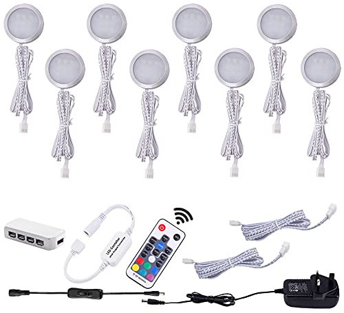 AIBOO RGB Under Cabinet Lights Kitchen with Remote 8 Pack,LED Under Cupboard Lighting Dimmable Plug in Under Cabinet Lighting Colour Changing Puck Light 12V Ultra Slim Dimmer for Kitchen,Counter,Shelf