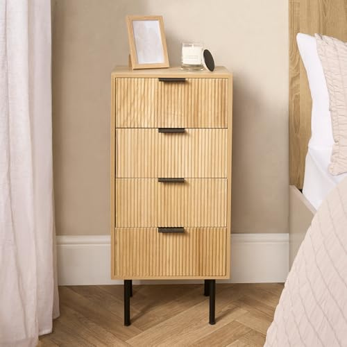 OHS Bedroom Bedside Table Ribbed 4 Drawer, Decorative Nightstand Wood Side Table Living Room Bedroom Storage Sleek Modern Bed Side Tables for Home - Natural, 78 x 36 x 24cm