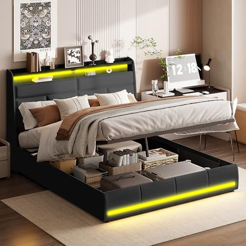 PerGar Bett 140x200 cm, Polsterbett Doppelbett mit LED und USB Ladestation, Modern Stauraumbett mit Stauraum Kopfteil und Lattenrost, Hydraulisch Jugendbett Bettgestell, Schwarz, PU, Ohne Matratze