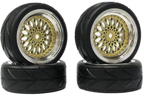 KINGCOO RC Autoreifen und Räder Set, 4Stück 64mm Gummireifen und Kunststoffbeschichtung Felge 12mm Sechskant für 1/10 RC On Road Touring Racing Drift Autoreife (Gold/Silber, Einpresstiefe 6MM)
