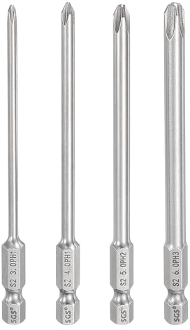 sourcing map Lot de 4 embouts de tournevis Phillips #1/2/3 PH1 + PH2 + PH3 1/4 tige hexagonale 100 mm de long 0,12/0,16/0,2/0,6 cm tige magnétique cruciforme forets en acier S2 tournevis industriel