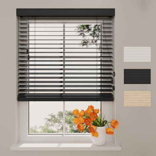 Radeco® Holzjalousie innen Schwarz 210 x 240 cm (BxH), 50mm Lamellen aus Paulownia Holz, Breiten von 50 bis 250 cm erhältlich, Innenjalousie, Fenster Jalousien