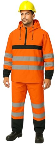 Hi Vis Rain Suit, 2 Piece Set, High Visibility Waterproof Jacket & Trousers, Reflective Tape, Lightweight Hooded Safety Workwear Rainsuit for Men, Construction, Outdoor Use