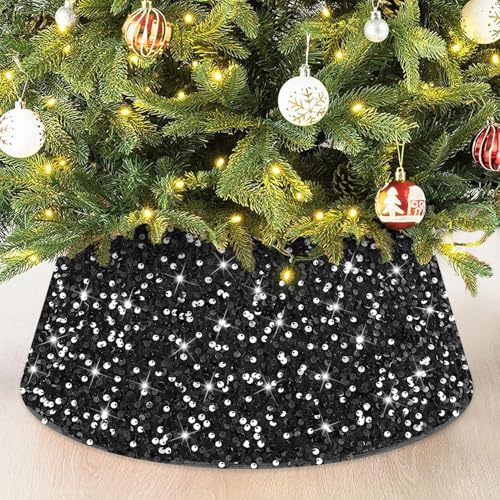 SilverChry Weihnachtsbaum Rock, Weihnachtsbaum Kragen, Pailletten Weihnachtsbaumschürze, Weihnachtsbaumdecke Faltbarer, Christmas Tree Collar, Tannenbaumständer Hülle, Weihnachtsdekoration (Schwarz)