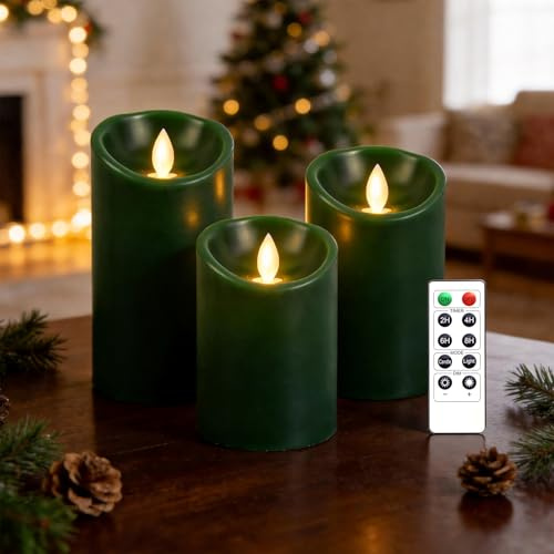 AnnSpa 3 Set LED Kerzen Batteriebetriebene mit Fernbedienung Flammenlose Echtes Wachs Flackern Moving Wick Flackern Amber elektrische Kerzen für Herbst Halloween Thanksgiving Dekorieren - Grün