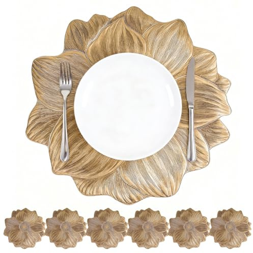 Set di 6 tovagliette eleganti floreali in PVC, 38 cm, lavabili, resistenti al calore, resistenti allo sporco, per Natale, matrimoni, hotel, feste (oro)
