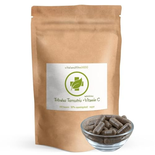 vitalundfitmit100 Tribulus Terrestris Extrakt 90% Saponine – 200 Kapseln – Mit Vitamin C