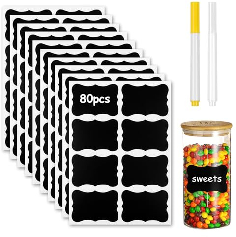 DiULi Labels for Jars 10 Sheets, Waterproof Reusable Chalkboard Style with 2 Acrylic Markers, Self-Adhesive Removable for Kitchen Pantry Food Storage Organisation, Black