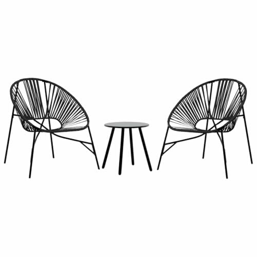 zylophax Gartenstuhl-Set 3-TLG. Schwarz Poly Rattan mit pulverbeschichtetem Stahlrahmen, wetterfest, komfortabel, 2 Gartenstühle Ei-Form und Couchtisch für Terrasse und Balkon