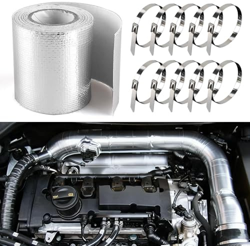 Cinta Anticalorica Escape Aislante,10 m x 5 cm Cinta Autoadhesiva para Tubos de Escape Incluye 10 Bridas kit de Reparación para Tubos de Escape Apto para Curvas de Automóviles y Motocicletas