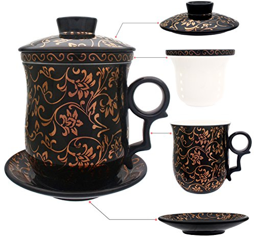 HOLLIHI Porcelain Tea Cup with Lid and Saucer Infuser Sets - Chinese Jingdezhen Ceramics Coffee Mug Teacup Loose Leaf Tea Brewing System for Home Office