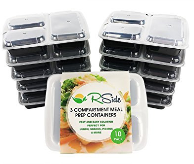 [10 Pack] 3 Compartment Meal Prep Food Containers, BPA Free & FDA Approved. Reusable & Recyclable Plastic Boxes with Lids by RSIDE