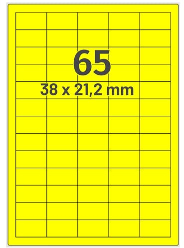 Farbige Etiketten auf A4 Bogen, neongelb - 38 x 21,2 mm - 6.500 Papier Aufkleber auf 100 Blatt, selbstklebende Laser-Etiketten fluorisierend leuchtfarbig