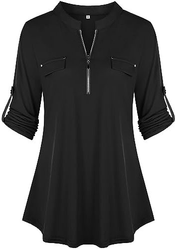 Lalala Herbst Oberteile Damen Langarm V-Ausschnitt Business Bluse Figurschmeichelnd Hemden Shirts (A_schwarz,S)