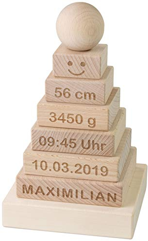 LAUBLUST Stapelturm Personalisiert mit Wunsch-Gravur - Motorikspielzeug für Kinder - Natur, Holz, ca. 11 x 11 x 19 cm
