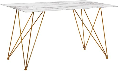 Mesa de comedor efecto mármol blanco con tapa de cristal templado dorado patas de metal 140 x 80 cm salón glam
