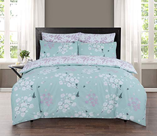 Indus Textiles 100% Pure Cotton Reversible Patterned Duvet Cover Sets (Blossom Duckegg, Double)
