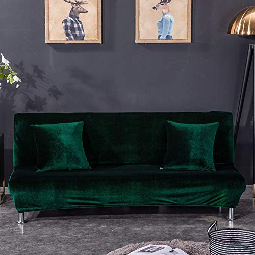 YAOTT Sofabezug aus Samt, Ohne Armstützen, Plüschstoff, Einfarbig, rutschfest, Elastisch, Sofa Überwürfe passt auf Klappsofa ohne Armlehnen Dunkelgrün S120-155cm