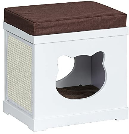 PawHut Cuccia Casetta per Gatti in Legno con 2 Cuscini e Tiragraffi Rimovibili, Bianco e Marrone, 41x30x36cm