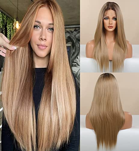 VEBONNY Ombre Brown Lace Front Wigs for Women, Straight Hair Wigs with Roots, Middle Part, Glueless Wig, 20 Inch, VEBONNY-038-NEW