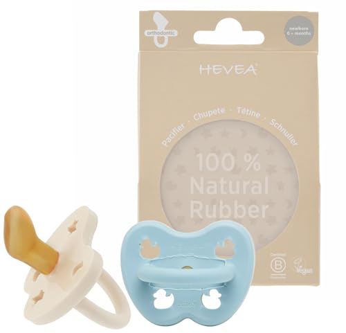 HEVEA Naturkautschuk Schnuller Kiefergerechte Form, Neugeborene 0+ Monate - Hygienisches Einteiliges Design für Neugeborene bis Kleinkinder, BPA-frei, Weich & Langlebig - 2Pack (Hellblau & Milchweiß)