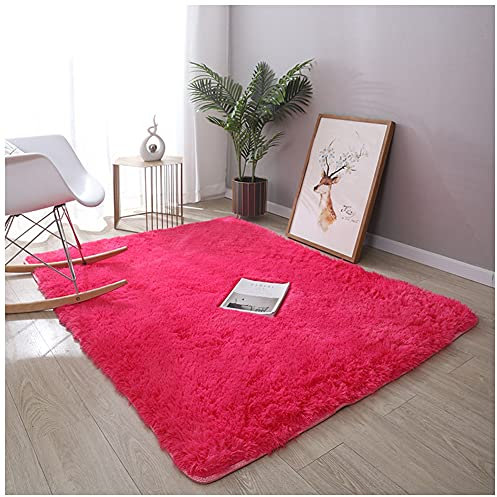 Tapis Salon Shaggy - Descente de Lit Chambre Grande Taille Tapis Extra Doux et Confortable Tapis Antidérapant Intérieur,Rose Rouge,80x160CM