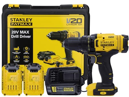 STANLEY FATMAX SCD700D2K-B1 20V 2.0Ah 13 mm Taladro inalámbrico con 2 baterías de iones de litio de 2.0 Ah y 1 cargador, caja de cambios de 2 velocidades, 2 años de garantía